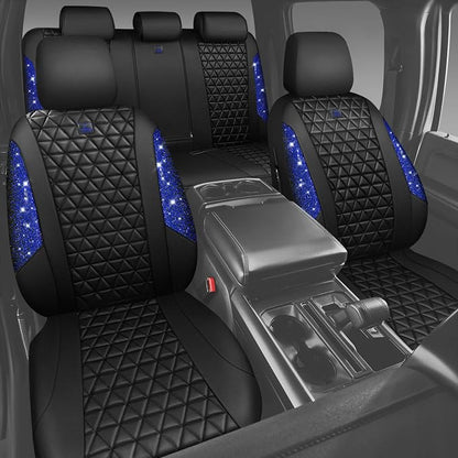 CAR PASS Bling Diamond Black Leather Car Seat Covers Full Set Interior Sets, Waterproof Shining Glitter Sparkly Crystal Universal Armrest Fit Automotive Truck SUV Cute Women Girl, Blue Rhinestone