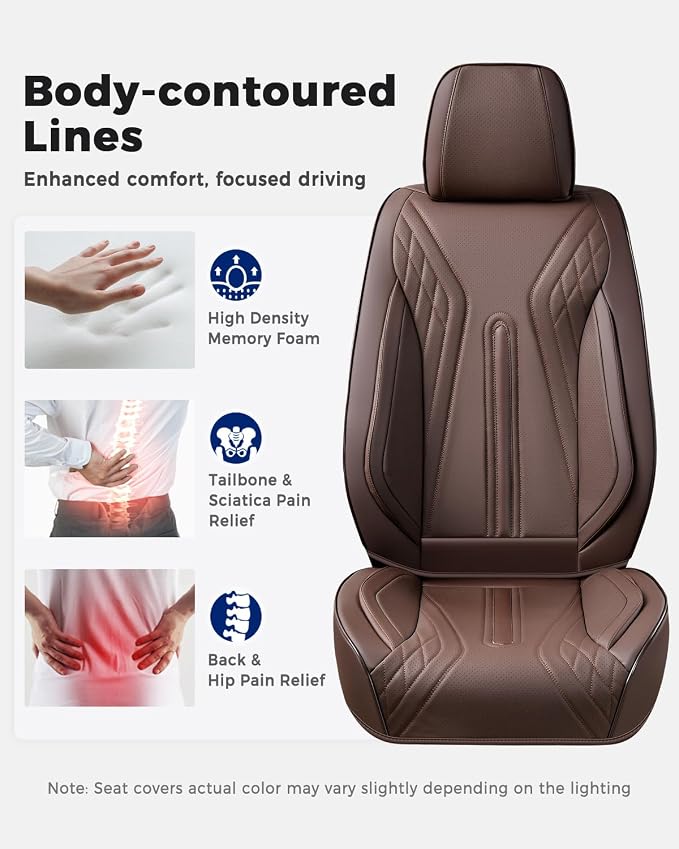 Huidasource Coffee Seat Covers Full Set, Universal Fit for Most Cars Trucks SUV, Full Coverage Leather Seat Cover, Airbag, Cupholder Compatible, Velcro Adjustable, Heaating/Cooling Function Retain