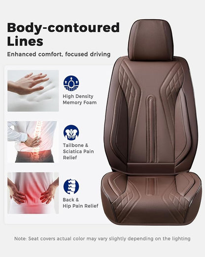 Huidasource Coffee Seat Covers Full Set, Universal Fit for Most Cars Trucks SUV, Full Coverage Leather Seat Cover, Airbag, Cupholder Compatible, Velcro Adjustable, Heaating/Cooling Function Retain