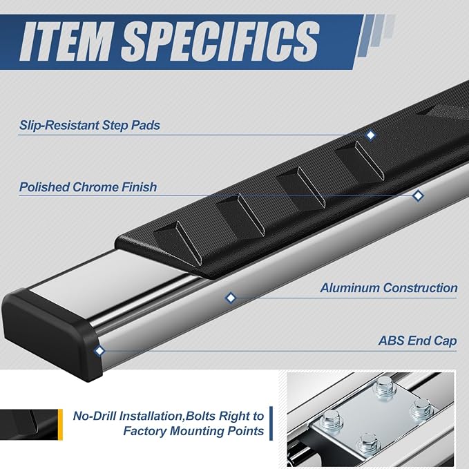 Auto Dynasty Flat Running Boards Compatible with 2009-2024 Dodge Ram 1500 Truck Extended/Quad Cab, Stainless Steel Side Step Rail Nerf Bars, 5" Step Bars, Polished Chrome