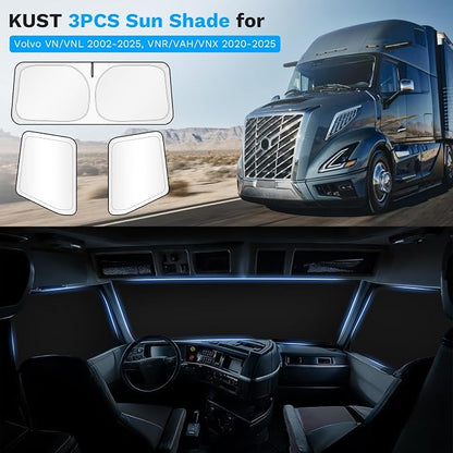 KUST Full Coverage Window Shades for Volvo VN/VNL 2002-2025, VNR/VAH/VNX 2020-2025 (No Need Suction Cups) Accessories, Window Cover UV Keep Your Car Cool Easy Install Full Set 3PCS