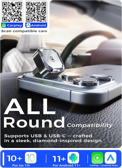 Wireless CarPlay Adapter & Wireless Android Auto Adapter, 2 in 1 Car Dongle with WiFi 6 & Bluetooth 5.4, 3s Auto-Connect, Metal Housing for Better Cooling, Includes USB-C Adapter, Fits 1000+ Vehicles
