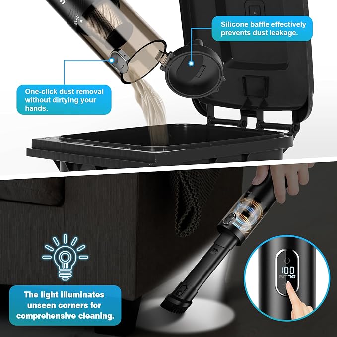 Upbooz Handheld Vacuum Cordless, Car Vacuum with 14000PA Powerful Suction with LED Light, Air Duster 2-in-1,Low Noise Rechargeable Portable Mini Vacuum Cleaner for Car Home Pet Office,Two Gears