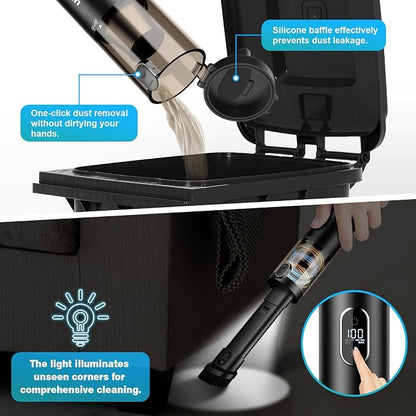 Upbooz Handheld Vacuum Cordless, Car Vacuum with 14000PA Powerful Suction with LED Light, Air Duster 2-in-1,Low Noise Rechargeable Portable Mini Vacuum Cleaner for Car Home Pet Office,Two Gears