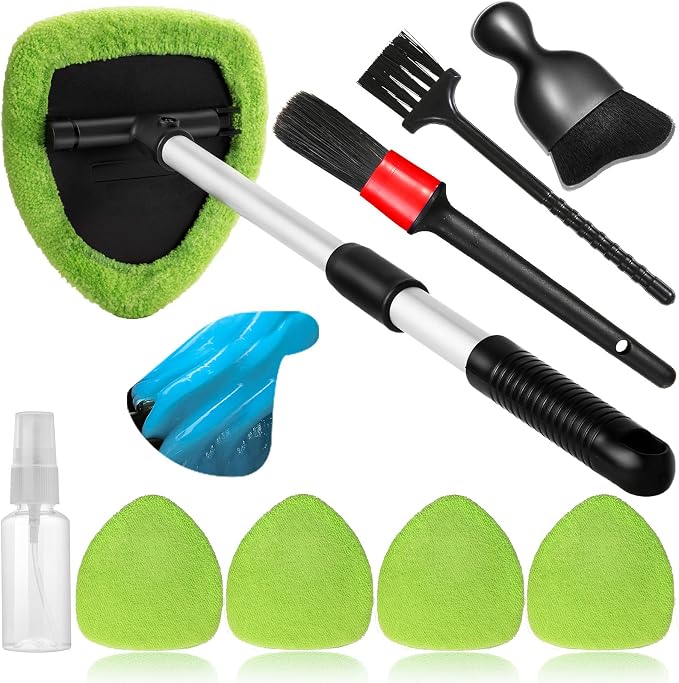 Qydipclin 10pcs Windshield Cleaner Tool, Car Window Cleaning Wash Kit with 4 Reusable Microfiber Pads 1 Spray Bottle and Extendable Handle Auto Glass Wiper Kit, Green