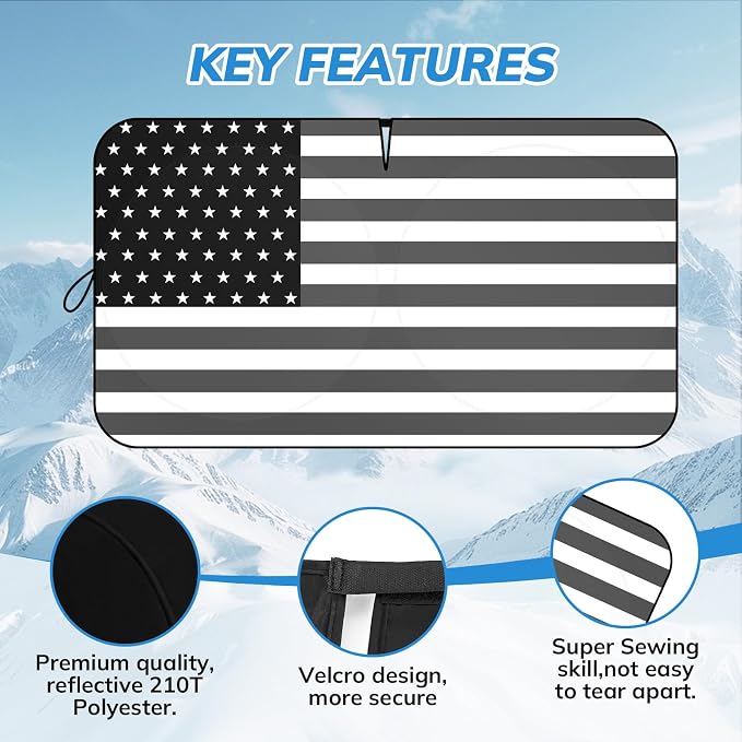 Windshield Sun Shade B&W American Flag USA Patriotic Design - Folding Car Front Window Sunshade for Cars SUV Trucks, Max UV Blocking and Keep The Vehicle Cool XL