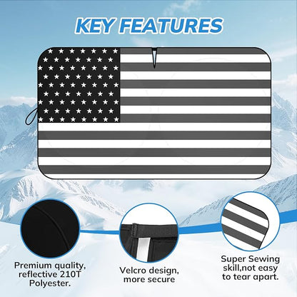 Windshield Sun Shade B&W American Flag USA Patriotic Design - Folding Car Front Window Sunshade for Cars SUV Trucks, Max UV Blocking and Keep The Vehicle Cool XL