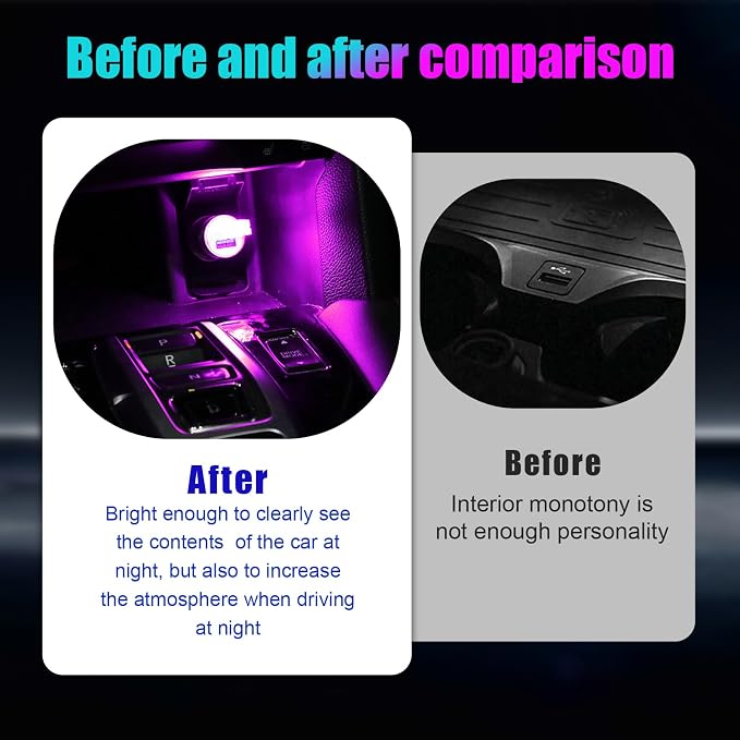 4 PCS USB LED Car Interior Atmosphere Lamp, Portable Mini LED Night Light, Plug-in USB Interface Trunk Ambient Lighting Kit, Universal Interior Car Accessories (Purple)