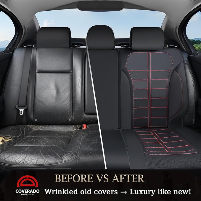 Coverado Rear Seat Covers Breathable Leather Waterproof Automotive Car Seat Cushion Protector Universal Fit for Most Cars SUV Trucks, Redline