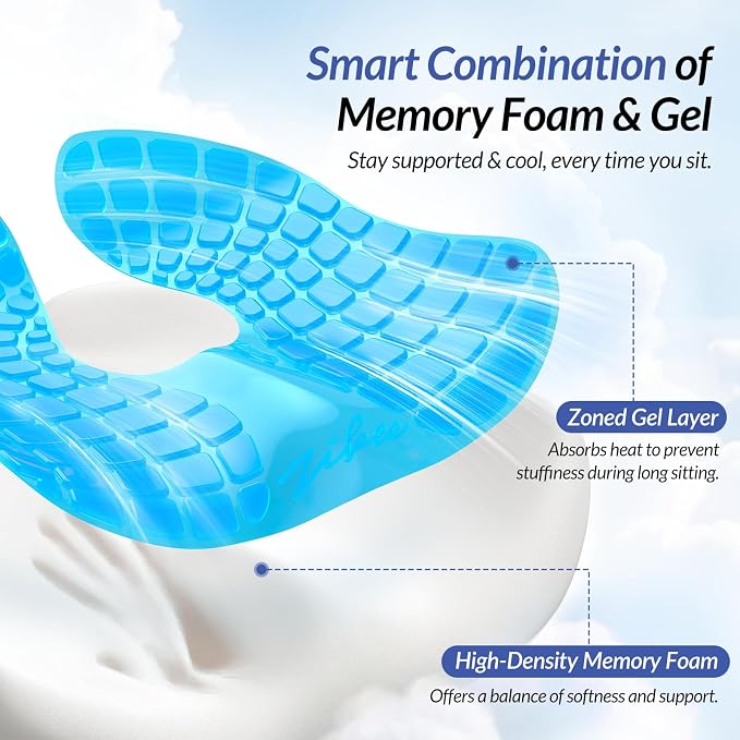 ZIKEE Pioneering Gel Seat Cushion for Sitting Without Stuffiness, Ergonomic Memory Foam Office Chair Cushion for Sciatica, Back, Tailbone Pain Relief, Anti-Slip Car Seat Cushion, Breathable Cover