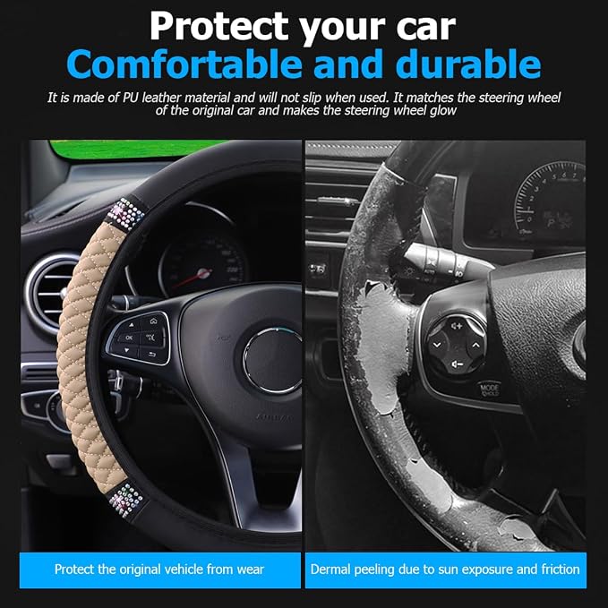 Osilly Bling Car Steering Wheel Cover, 15 Inch Rhinestones Soft Leather Elastic Steering Wheel Protector, Sparkly Crystal Diamond for Women Girls (Beige)