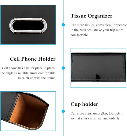 Car Seat Back Organizer with 2 Drink Cup Holder, Headrest Rear Seat Storage Organizer with Tissue Box and Hook, Multi-Functional Backseat Hanging Storage Box for Kids Travel (Black)