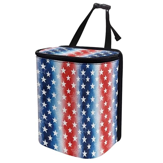 Talayituse American Flag Star Print Car Trash Can with Lid, 4th of July Leak Proof Auto Trash Bag Hanging Vehicle Garbage Can Multipurpose Storage Container for Back Seat Road Trip