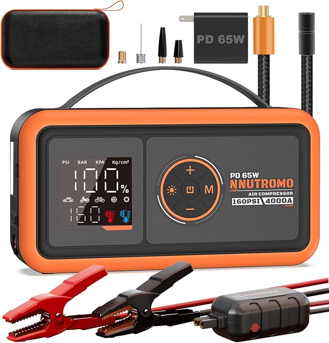 4000A Car Battery Jump Starter with 160PSI Air Compressor & 65W Fast Charger, 24,000mAh 88.8Wh Portable Jump Box (10.0L Gas/10.0L Diesel), 12V Car Battery Booster with Tire Inflator-Vibrant Orange