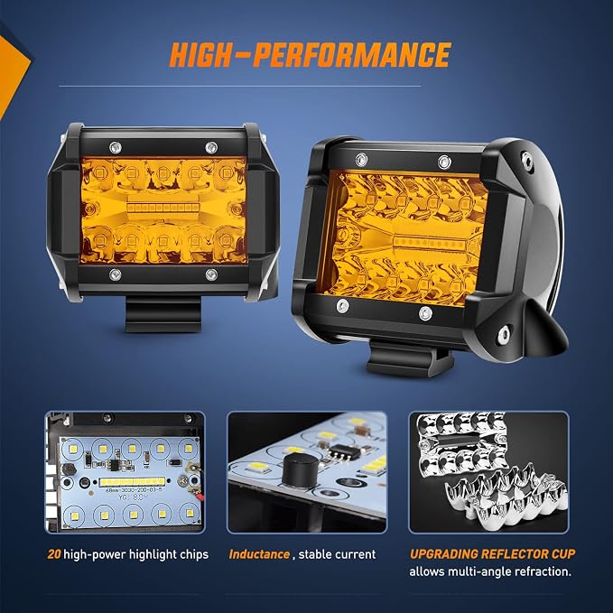 Nilight 2PC 4Inch Amber Led Pods Triple Row 60W Flood Spot Combo Driving Fog Lights with 16AWG Wiring Harness-2 Leads for Offroad Pickup Trucks Jeep ATV UTV SUV, 2 Years Warranty