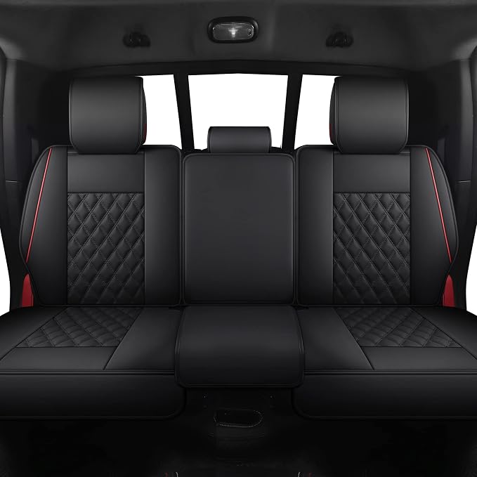 JOJOBAY Car Seat Covers for Dodge Ram,Fit 2009-2025 1500/2500/3500 HD Pick-up Truck,Crew,Regular,Quad,Mega Cab,Waterproof Synthetic Leather Seat Covers(5PCS-Full Set,Black-Red)