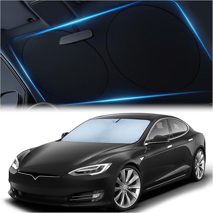 Magnelex Tesla Windshield Sun Shade for Model S 2012-2026 - Reflective Polyester Blocks Heat & Sun, Foldable Car Window Sun Blocker, Mirror Cut-Out, Fade-Resistant Sunshade, Tesla S Accessories