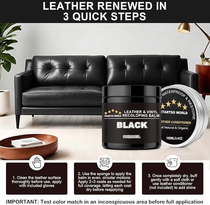 STARTSO WORLD 200Ml Leather Recoloring Balm with 100ML Leather Conditioner, Black Leather Repair Kit for Furniture, Leather Dye, Leather Scratch Repair, Leather Couch Paint