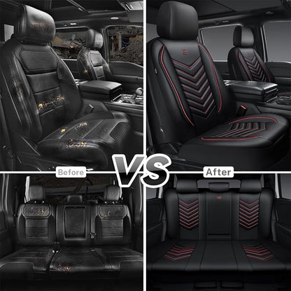 CAR PASS 3D Foam Faux Leather Seat Covers Full Set, Red Waterproof Leather Seat Cover for Cars,Luxury Universal Fit for SUV Truck Sedan Automotive,Armrest Airbag Compatible Anti-Slip,Black and Red