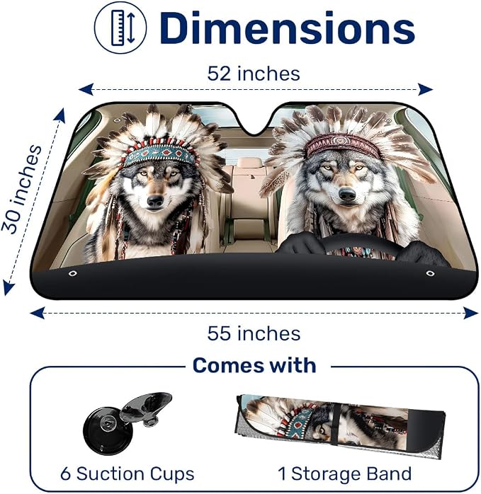 GENANY Wolf Windshield Cover for Car SUV Truck (55x30 Inches), Foldable Heat Shield, Shades for Front Windows, Protector Blocks UV, Car Decor