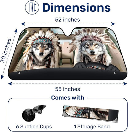 GENANY Wolf Windshield Cover for Car SUV Truck (55x30 Inches), Foldable Heat Shield, Shades for Front Windows, Protector Blocks UV, Car Decor