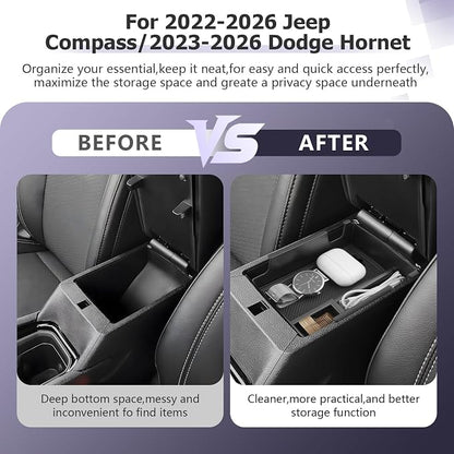 LUWU Center Console Organizer Compatible with Jeep Compass 2021-2025/Dodge Hornet 2023-2026 Accessories Armrest Console Storage Box Insert Tray ABS Material Coin Container Black