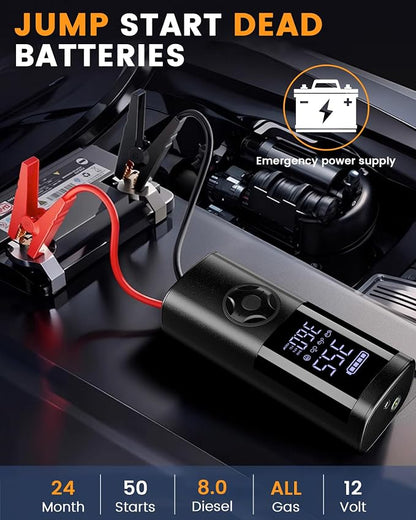 TEMOLA Portable Car Jump Starter with Air Compressor, 150PSI Car Battery Jump Starter, 12V Battery Jumper Starter Portable, Tire Inflator with LCD Display & LED Light for Gas and Diesel Vehicles
