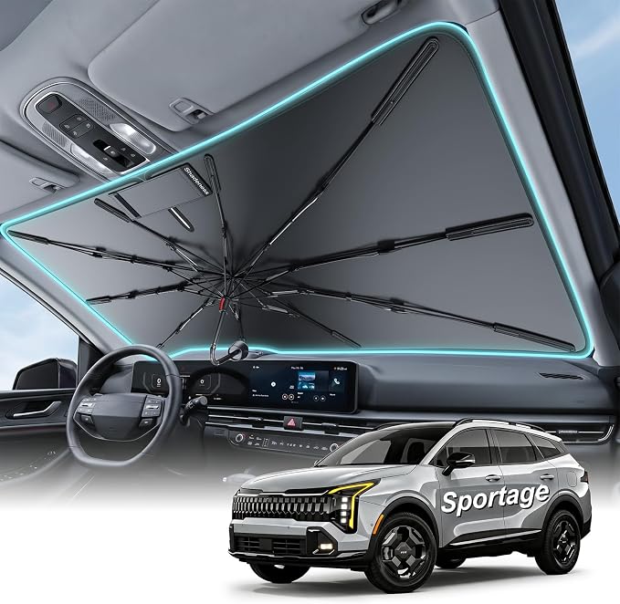 2026 Upgraded Windshield Sun Shade Umbrella for Kia Sportage [Precision Custom Fit, Superior UV & Heat Block] Cooling Tech Fabric, Durable Foldable with Storage Bag, Fits 2000-2002, 2005-2026