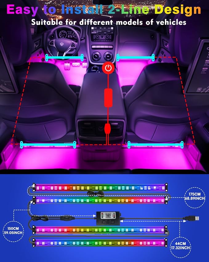 Car Led Strip Lights, RGB Truck Interior Lights with App Control, Under Dash Footwell Automotive Led Light Strip, Car Ambient Lighting (1set)