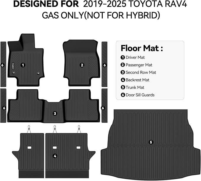 Floor Mats for Toyota RAV4 2019-2025 Gas Only, Trunk Mat and Backrest Mat & Door Sill Guard All Weather TPE Protector for Toyota RAV4 Accessories