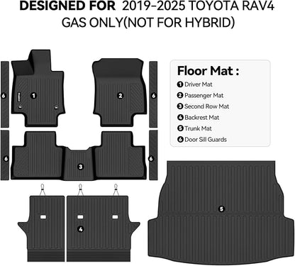 Floor Mats for Toyota RAV4 2019-2025 Gas Only, Trunk Mat and Backrest Mat & Door Sill Guard All Weather TPE Protector for Toyota RAV4 Accessories