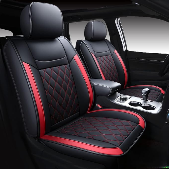 Huidasource Grand Cherokee Seat Covers, Waterproof Leather Customized Car Seat Cushion Covers, Full Set Seat Protectors Compatible with Grand Cherokee 2011-2022, (5 Pcs Full Set/Black&Red)