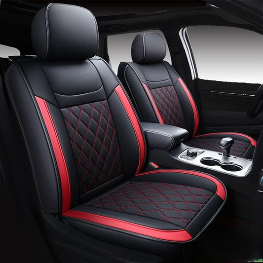 Huidasource Grand Cherokee Seat Covers, Waterproof Leather Customized Car Seat Cushion Covers, Full Set Seat Protectors Compatible with Grand Cherokee 2011-2022, (5 Pcs Full Set/Black&Red)