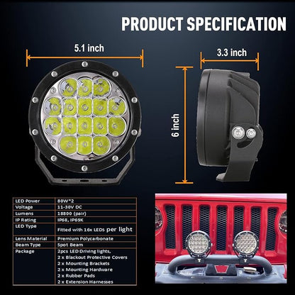 BIGLION.X Pair 160w 5 Inch Round Led Offroad Driving Lights Fog Lights 18800LM Offroad Spot Light Driving Light Pods Light Bar with Wiring Harness 12V 24V for Car Trucks SUV UTV ATV