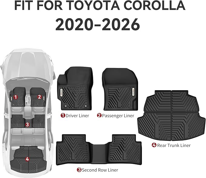YITAMOTOR Floor Mats for Toyota Corolla 2026-2020, All Weather Custom Fit TPE Rubber Floor Liners and Trunk Mat, 1st & 2nd Row & Cargo Liner, Corolla Accessories, Black