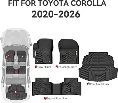 YITAMOTOR Floor Mats for Toyota Corolla 2026-2020, All Weather Custom Fit TPE Rubber Floor Liners and Trunk Mat, 1st & 2nd Row & Cargo Liner, Corolla Accessories, Black