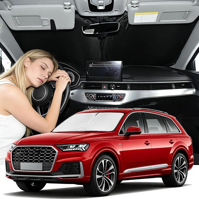 for Audi Q7 2016-2026 Windshield Sun Shade - 4 Layers Car Sunshades for Front Windows Shade Cover Custom Fit Q7 SUV Sun Visor 250T Retractable Shade Blocks UV Rays Car Accessories