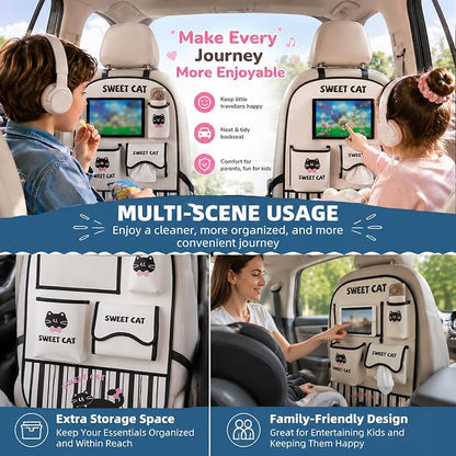 YUNZLAN Leather Backseat Car Organizer, Kick Mats Back Seat Protector with Touch Screen Tablet Holder Back Seat Organizer for Kids with 4 Storage Pockets Travel Accessories (BeigeBlackCat)