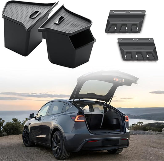 GEEDAR Tesla Model Y Juniper Trunk Organizer Set, 2 Trunk Storage Bins with TPE Lid + 2 Rear Trunk Organizer Hooks, Rear Trunk Side Storage Box for Model Y Juniper 2025 2026 Interior Accessories