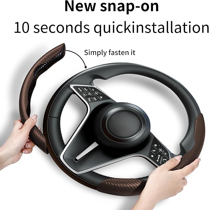 Carbon Fiber Steering Wheel Cover, 2-Piece Set Anti-Skid Comfortable Grip Segmented Butterfly Design, Easy Snap-On Installation Universal Fit 99% Cars, Brown