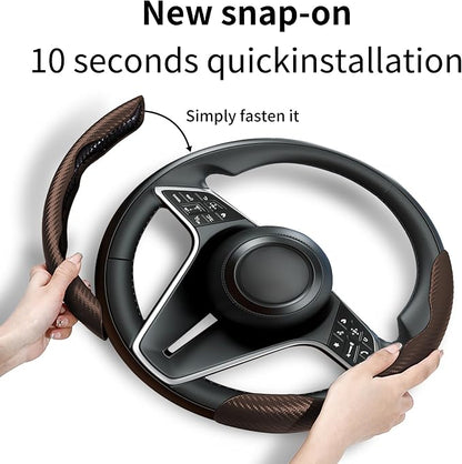 Carbon Fiber Steering Wheel Cover, 2-Piece Set Anti-Skid Comfortable Grip Segmented Butterfly Design, Easy Snap-On Installation Universal Fit 99% Cars, Brown