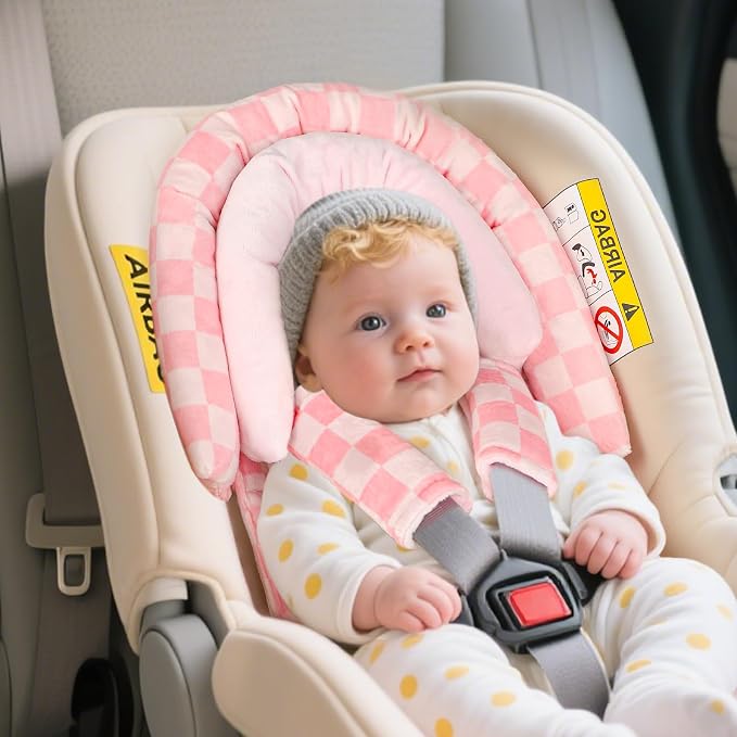 Infant Car Seat Insert with 2 Strap Pads, Carseat Cushion Baby Boy & Girl, Soft and Comfortable Carseat Head Support for Newborn, Pink Checkered
