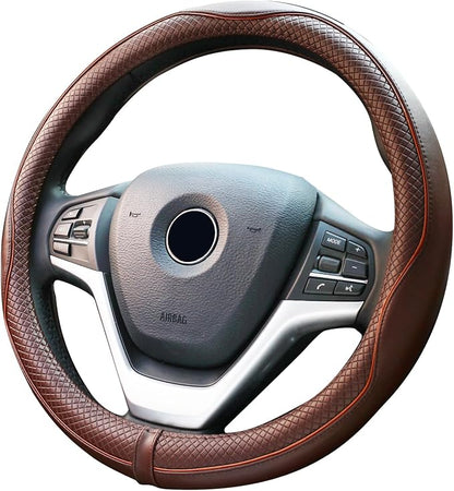 Valleycomfy Steering Wheel Covers Universal 15.75 inch - Genuine Leather, Breathable, Anti Slip & Odor Free (Coffee, L(15" 1/2-16"))