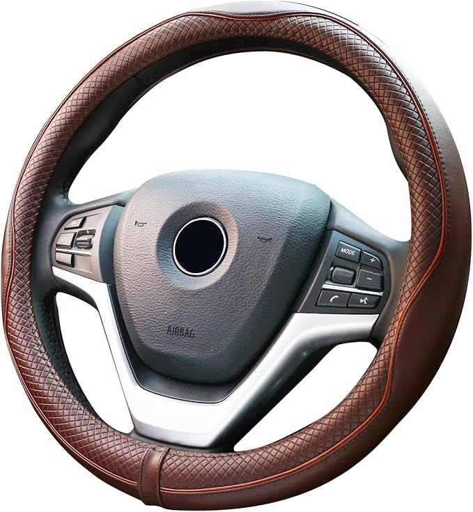Valleycomfy Steering Wheel Covers Universal 15 inch - Genuine Leather, Breathable, Anti Slip & Odor Free (Coffee, M(14" 1/2-15" 1/4))