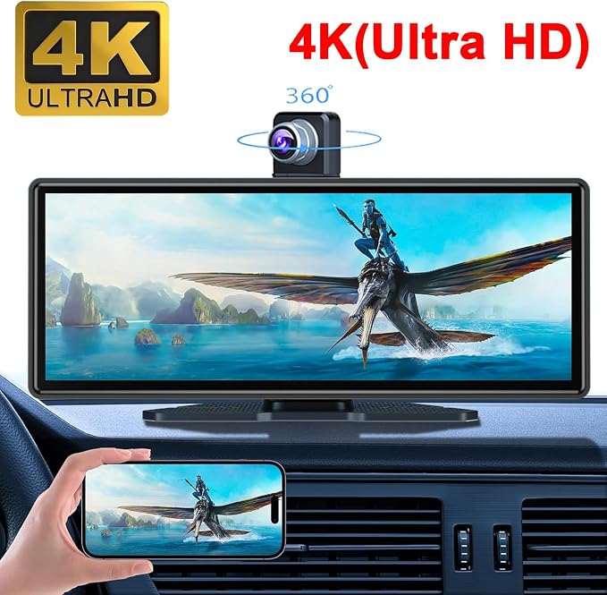 10.26" HD Carplay Screen for Car Stereo, 4K Dash Cam Wireless Portable Touch Screen Car Play with Apple Carplay & Android Auto with 1080P Back Up Camera, Bluetooth, Mirror Link, GPS, AUX+64GB