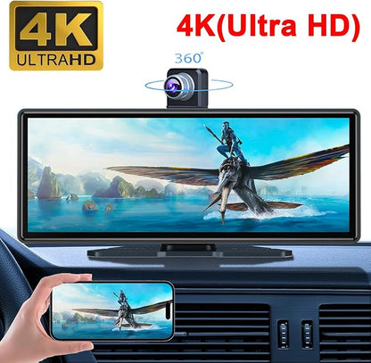 10.26" HD Carplay Screen for Car Stereo, 4K Dash Cam Wireless Portable Touch Screen Car Play with Apple Carplay & Android Auto with 1080P Back Up Camera, Bluetooth, Mirror Link, GPS, AUX+64GB