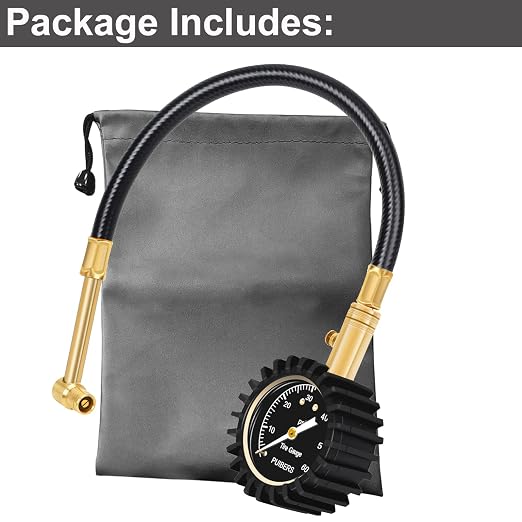 Motorcycle Tire Pressure Gauge 60 PSI, PUIBERS 2’’ dial Mechanical Tire Gauges with 90 Degree Right Angle Chuck Flexible Hose, Tires Guages for Pressure Glow in The Dark for Cars, Motos, Bicycles