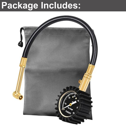 Motorcycle Tire Pressure Gauge 60 PSI, PUIBERS 2’’ dial Mechanical Tire Gauges with 90 Degree Right Angle Chuck Flexible Hose, Tires Guages for Pressure Glow in The Dark for Cars, Motos, Bicycles