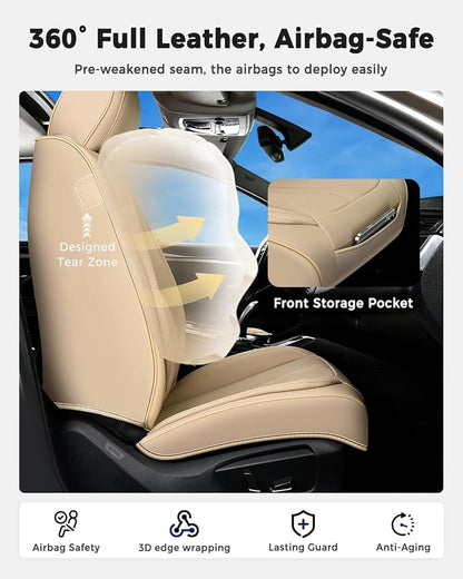 Huidasource Beige Front Seat Cover Luxury Nappa Leather, Front Car Seat Cover with Airbag, Front Storage Pocket, Lumbar Support, Cooling＆Heating, Universal Fit for Most Cars SUV Trucks, Beige