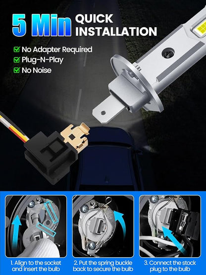 RCJ H1 Bulbs, 1:1 Mini Size H1 Fog Light Bulbs, 16000LM 600% Brighter 6000K Cool White, Plug and Play No Adapter Required, Pack of 2